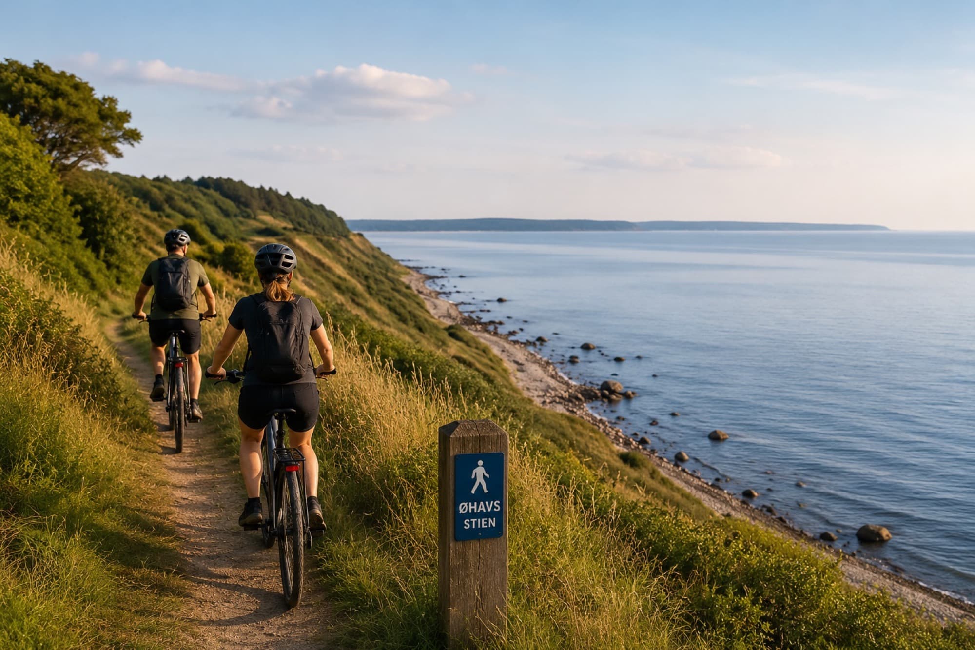 Zwei Radfahrer auf dem Øhavsstien entlang der Küste von Nordlangeland