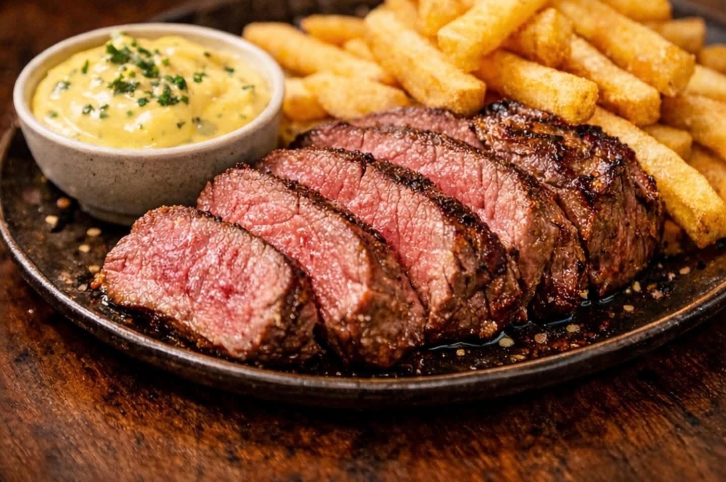 Skiveskåret roastbeef med pommes frites hos Ømad