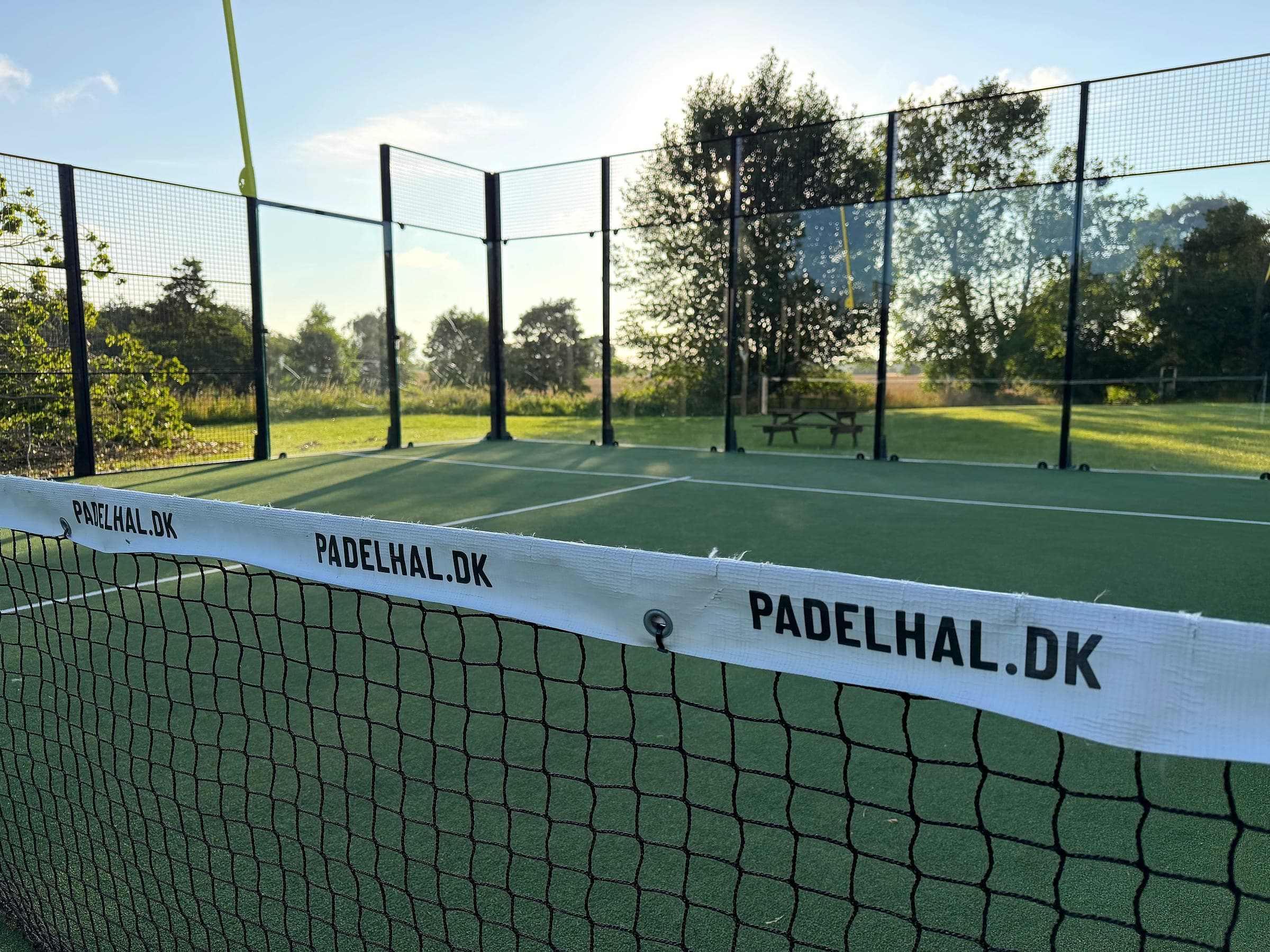 Netz und Glaswände auf dem Padelplatz mit Bank und Grünfläche im Hintergrund