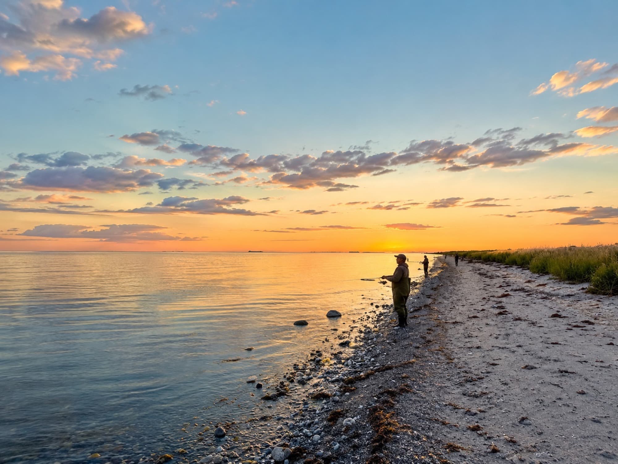 Angler an der Küste von Nordlangeland bei Sonnenuntergang