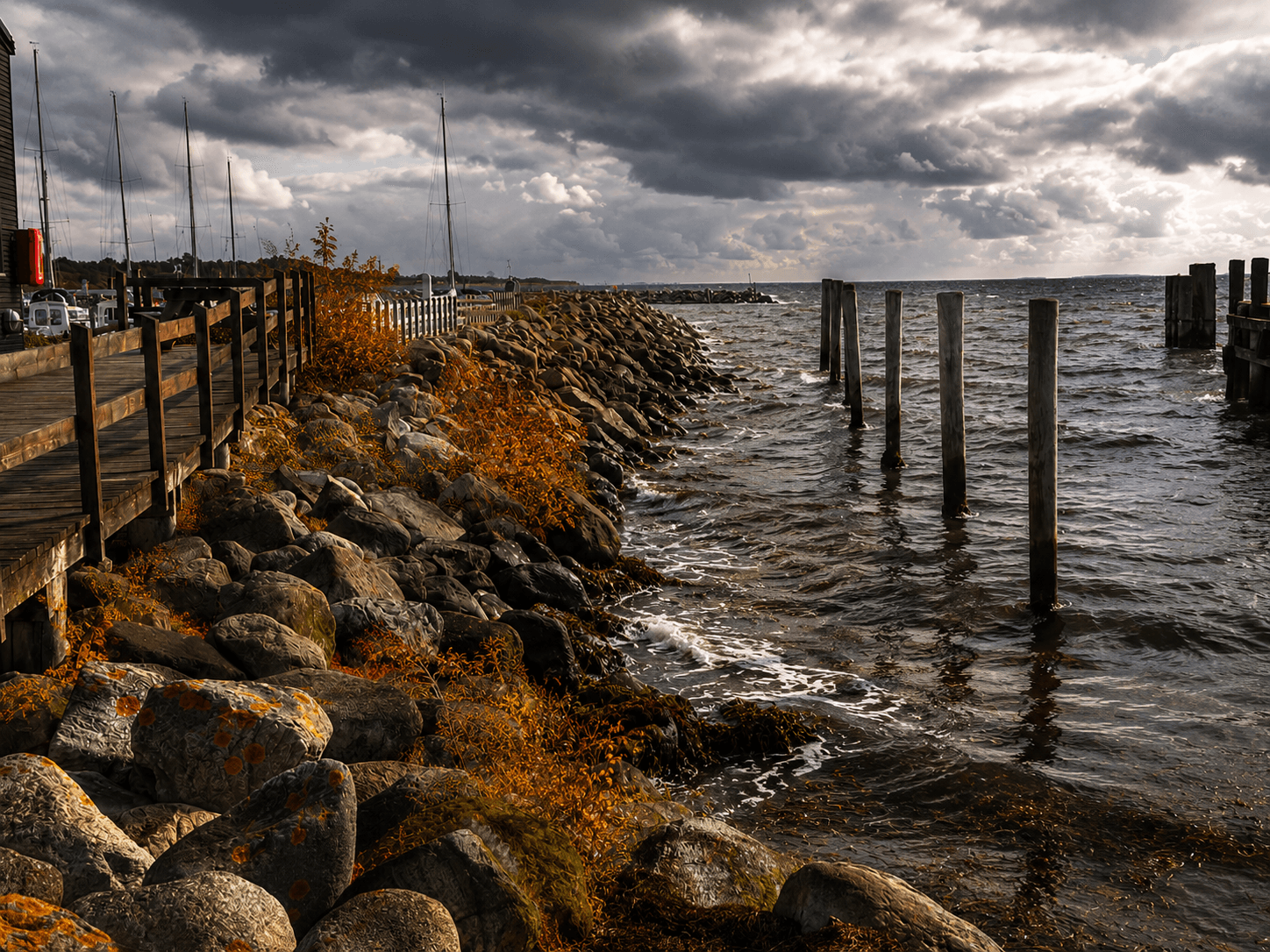 Efterårsstemning ved havnen i Lohals med stenmole og gule blade